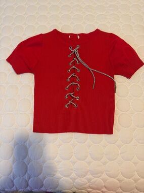 Woman Short-Sleeve Red Lace-Up Knit Top